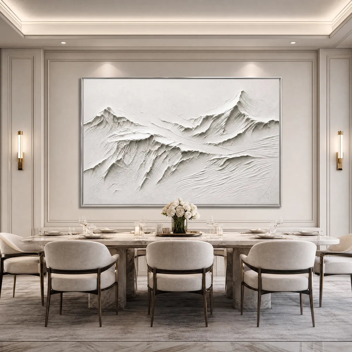 Terra Alba White hand-painted white and soft beige textured abstract mountain painting shown with silver frame