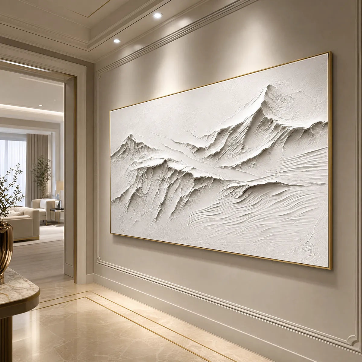 Terra Alba White hand-painted white and soft beige textured abstract mountain painting shown with white frame