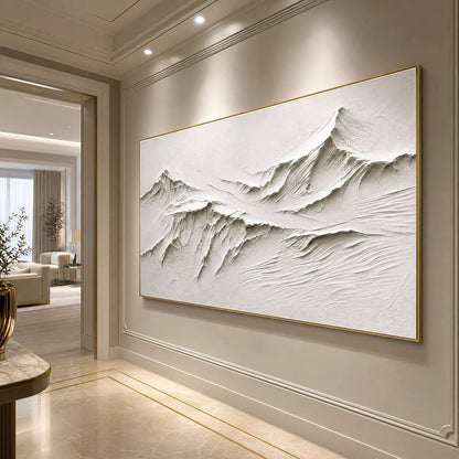 Terra Alba White hand-painted white and soft beige textured abstract mountain painting shown with white frame