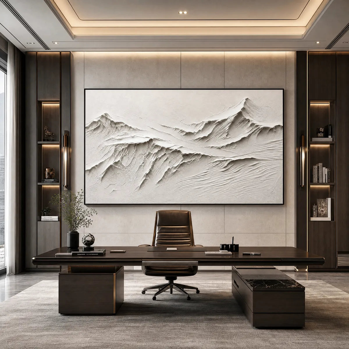 Terra Alba White hand-painted white and soft beige textured abstract mountain painting shown with black frame