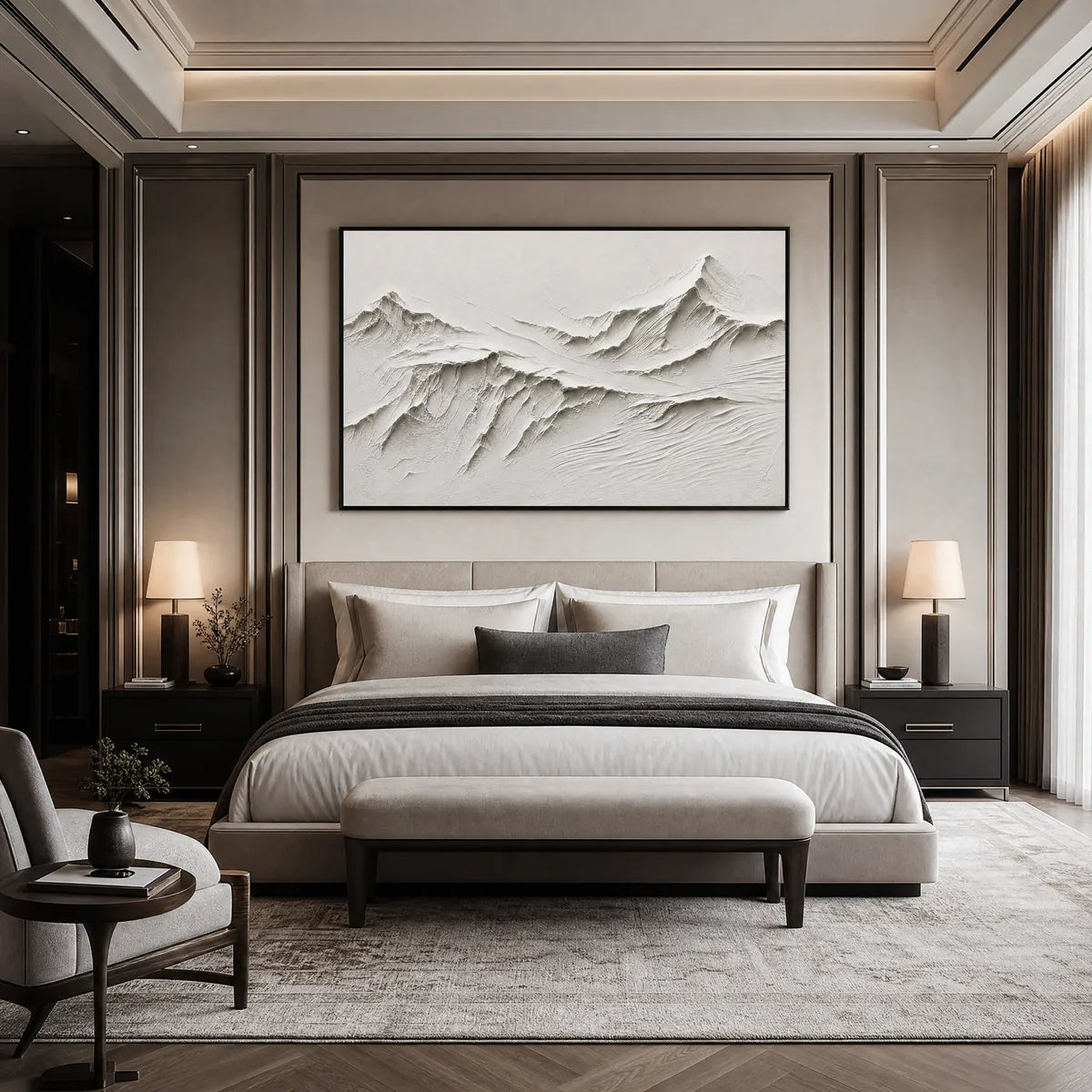 Terra Alba White hand-painted white and soft beige textured abstract mountain painting shown with wood frame