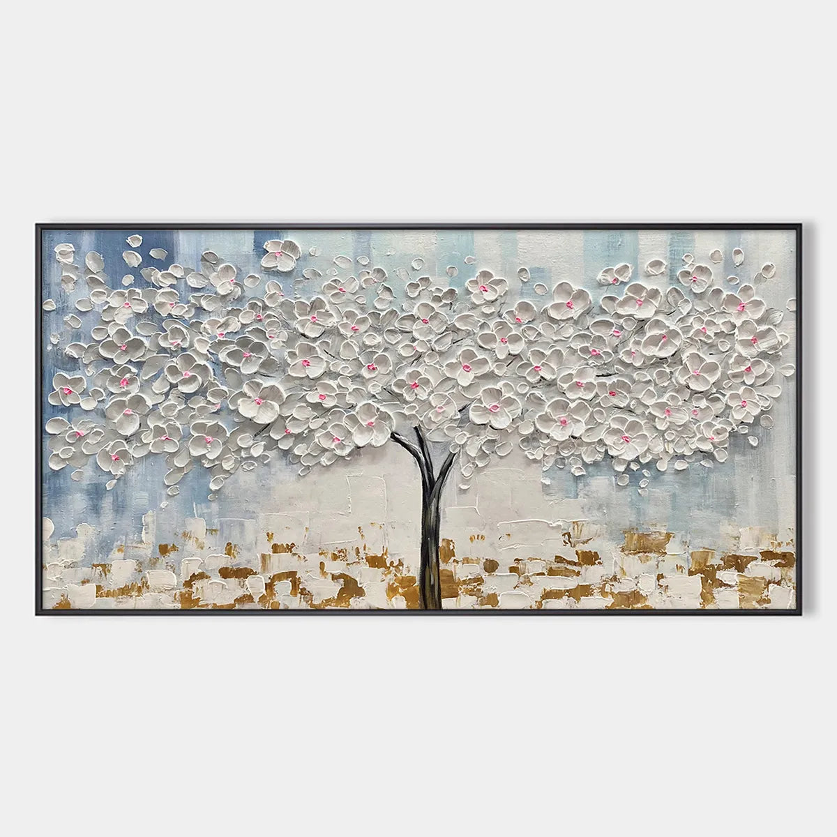 Blossom Dream hand-painted white, ocean blue, gold and pink textured blossom tree painting rolled canvas option