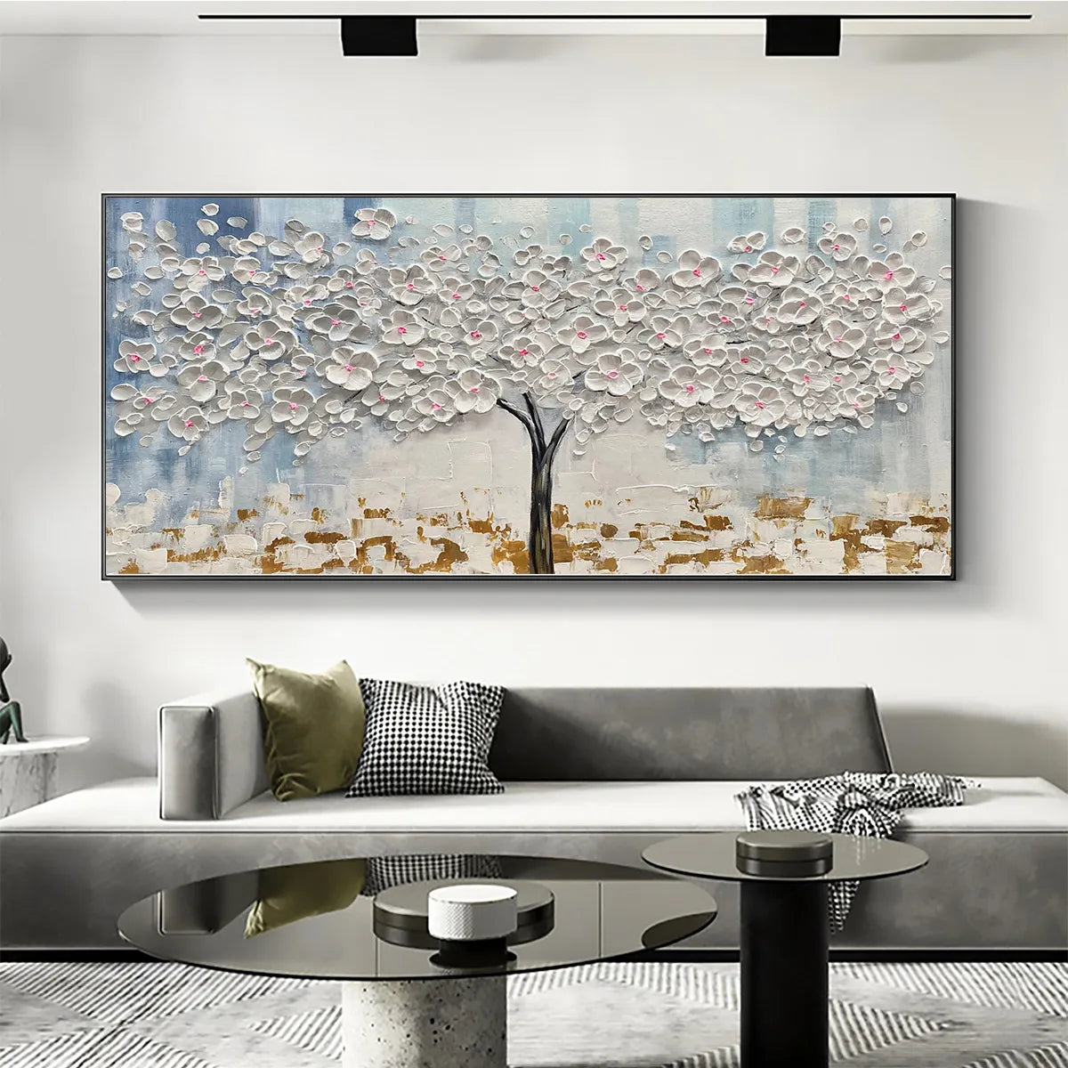 Blossom Dream hand-painted white, ocean blue, gold and pink textured blossom tree painting shown with wood frame