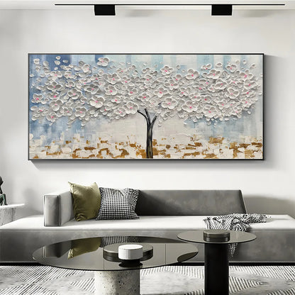 Blossom Dream hand-painted white, ocean blue, gold and pink textured blossom tree painting shown with wood frame