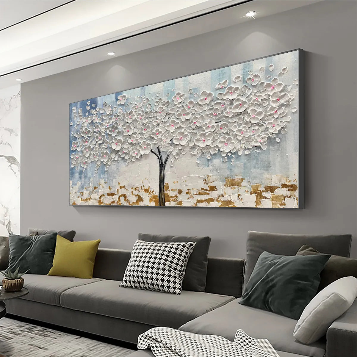 Blossom Dream hand-painted white, ocean blue, gold and pink textured blossom tree painting shown with white frame