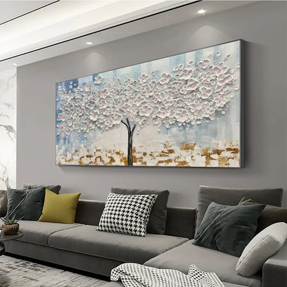 Blossom Dream hand-painted white, ocean blue, gold and pink textured blossom tree painting shown with white frame