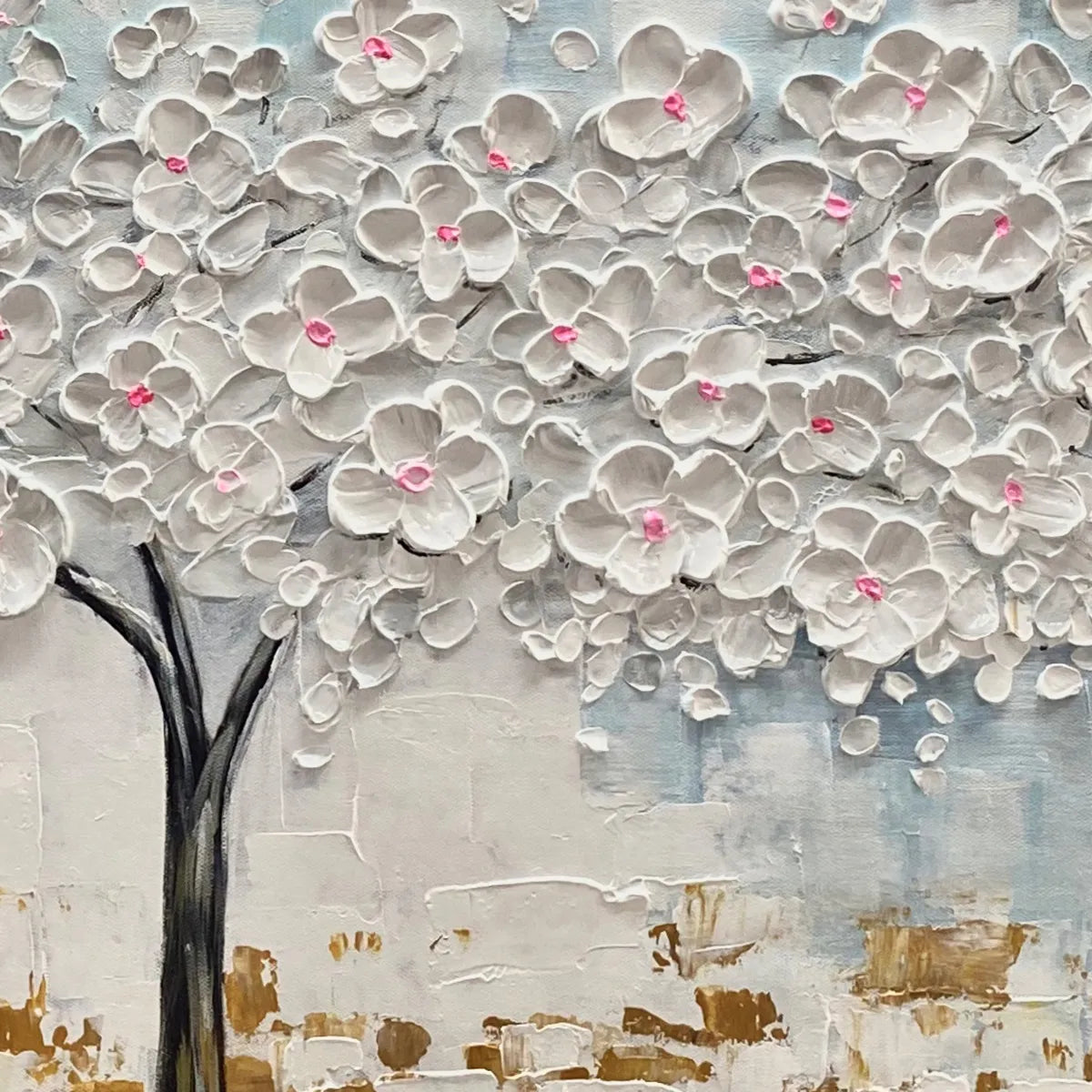 Blossom Dream hand-painted white, ocean blue, gold and pink textured blossom tree painting shown with black frame
