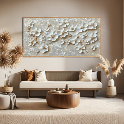 Gold and White Floral Textured Oil Painting – Golden Blossoms