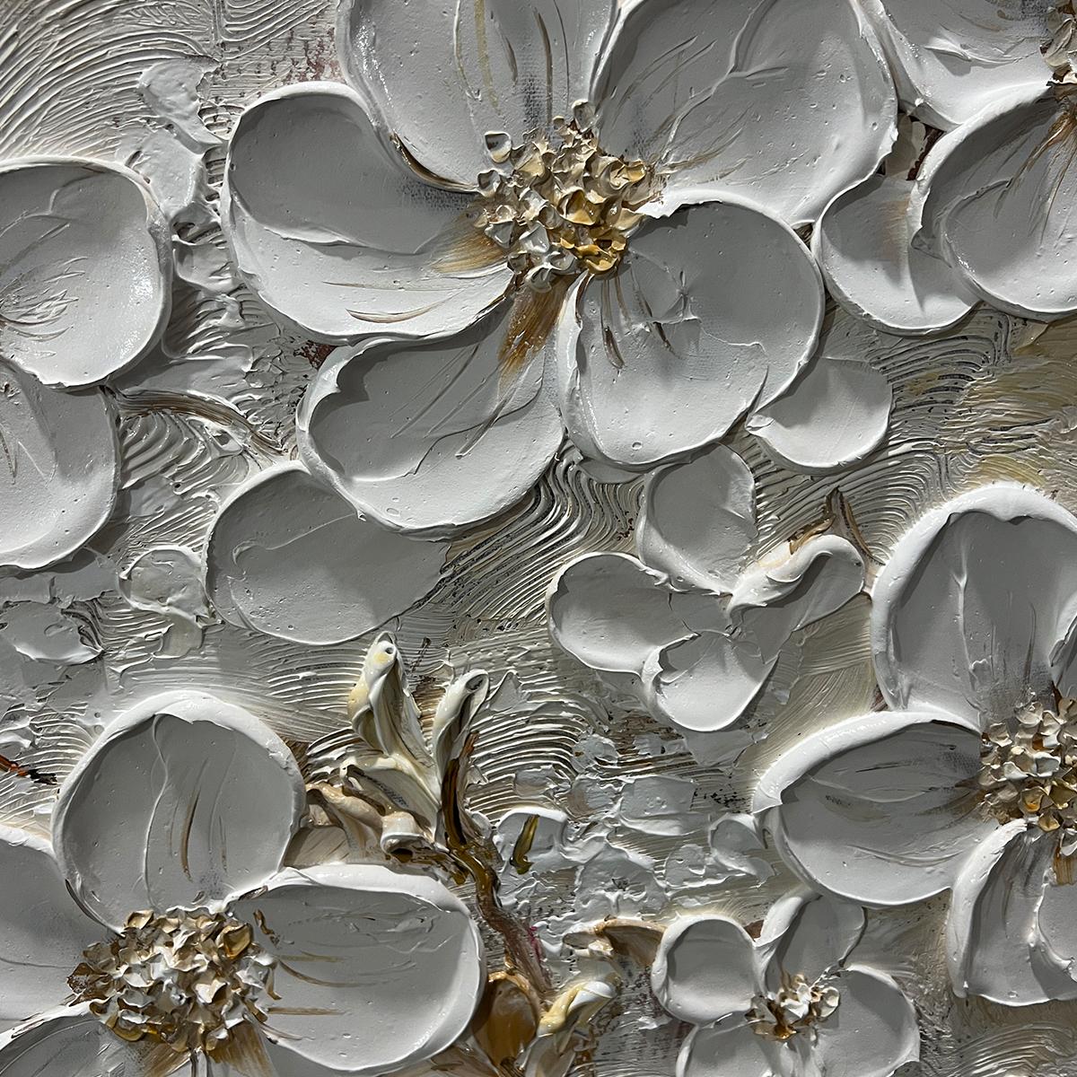 Gold and White Floral Textured Oil Painting – Golden Blossoms