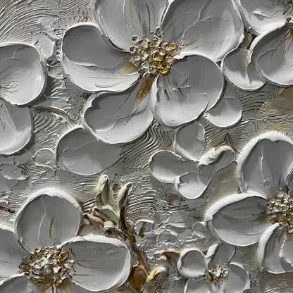Gold and White Floral Textured Oil Painting – Golden Blossoms