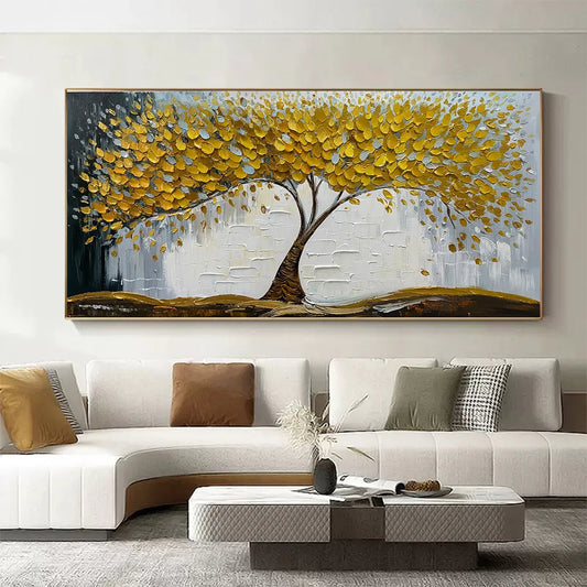 Golden Sanctuary hand-painted gold and ivory textured tree painting shown as stretched canvas