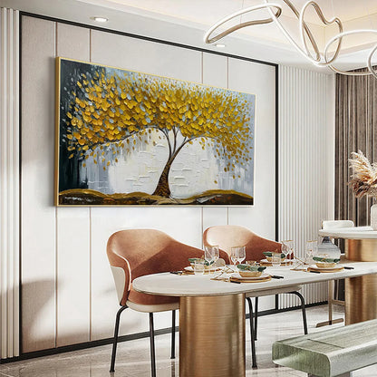 Golden Sanctuary hand-painted gold and ivory textured tree painting shown with white frame