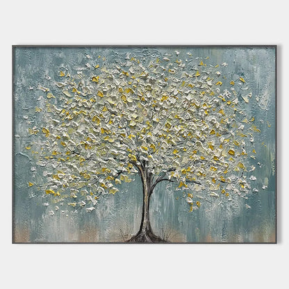 Golden Bloom hand-painted white and gold textured tree painting rolled canvas option