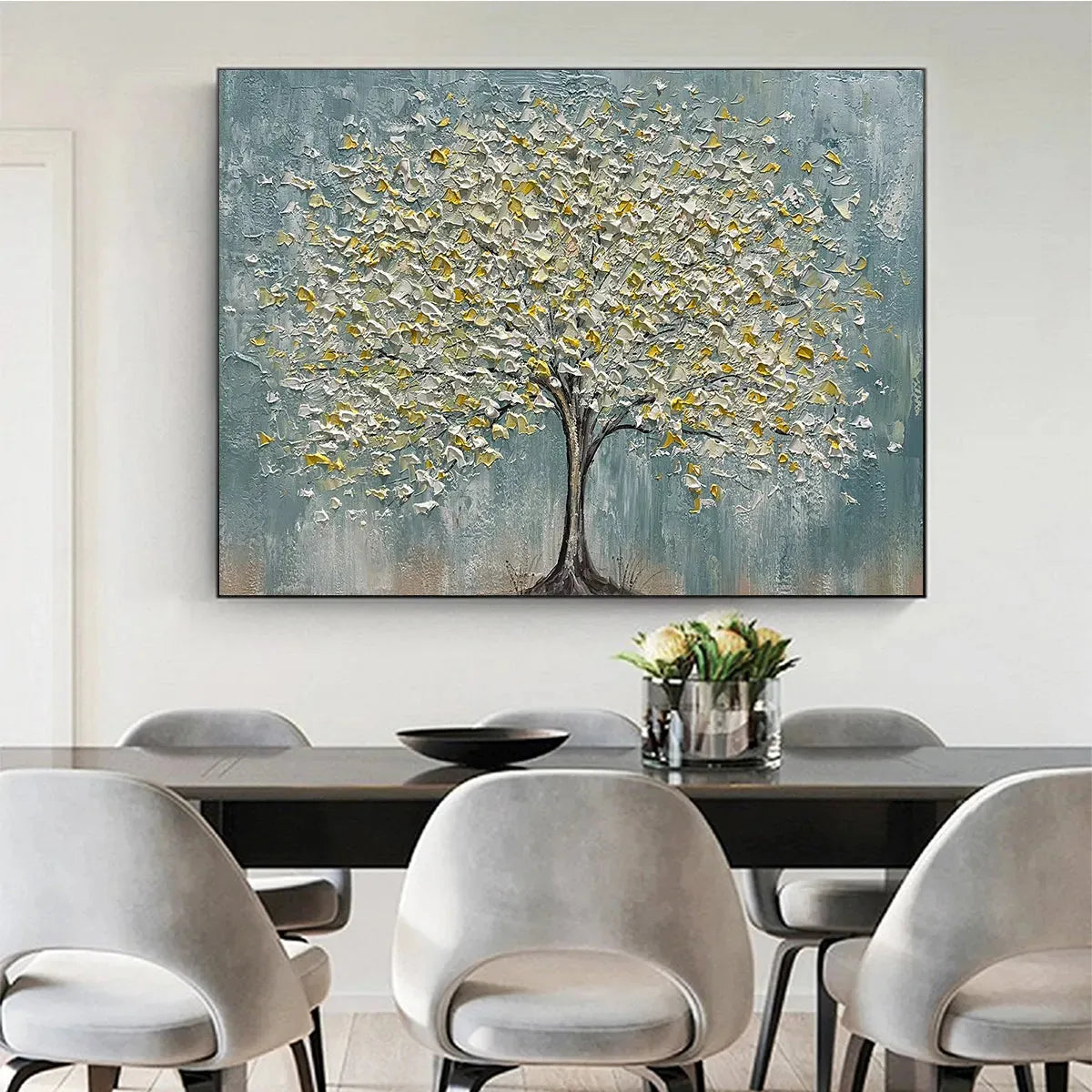 Golden Bloom hand-painted white and gold textured tree painting shown with wood frame