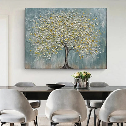 Golden Bloom hand-painted white and gold textured tree painting shown with wood frame
