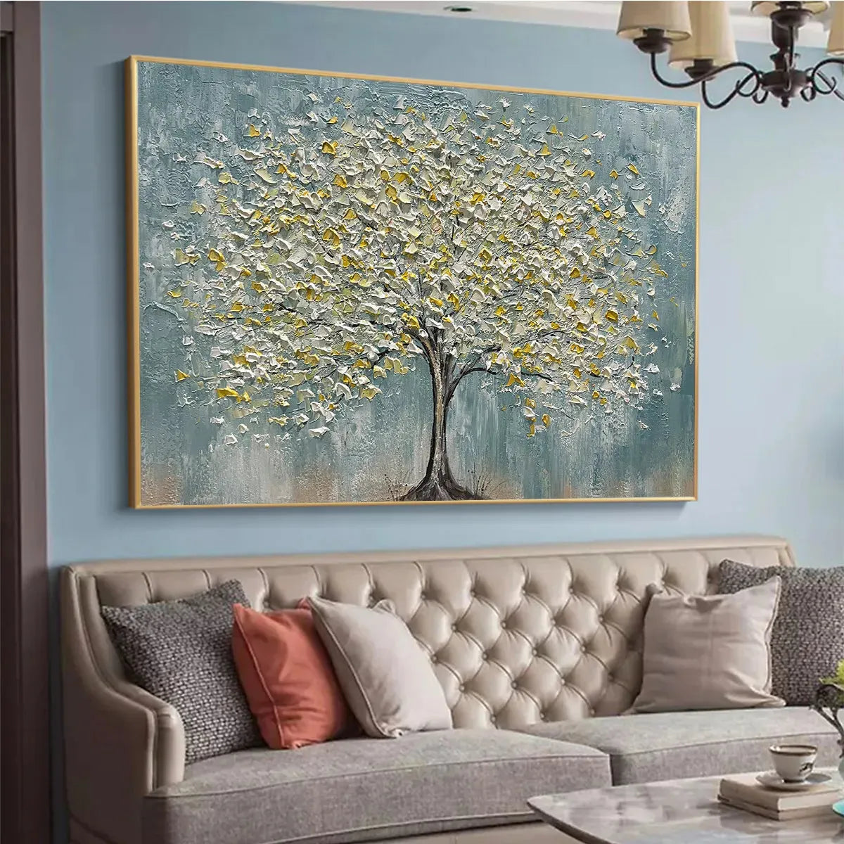 Golden Bloom hand-painted white and gold textured tree painting shown with white frame