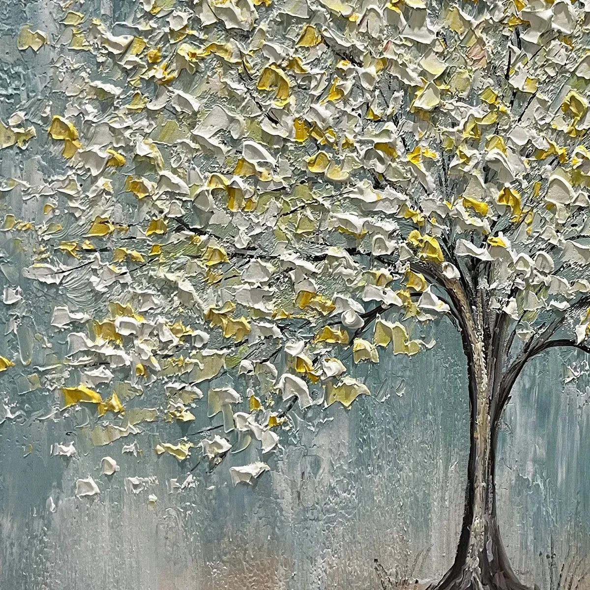 Golden Bloom hand-painted white and gold textured tree painting shown with black frame