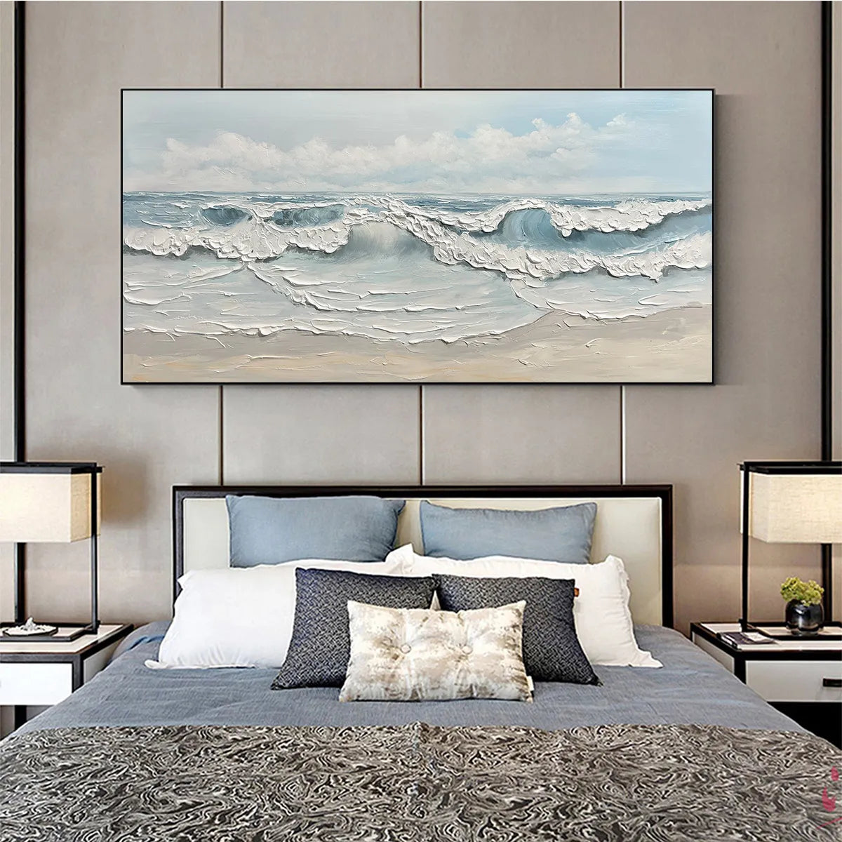 Coastal Serenity hand-painted white and ocean blue textured seascape painting shown with wood frame