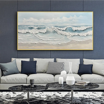 Coastal Serenity hand-painted white and ocean blue textured seascape painting shown as stretched canvas