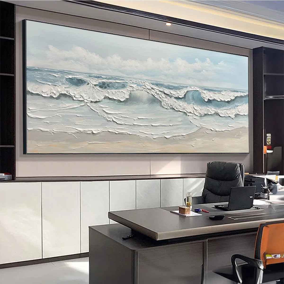 Coastal Serenity hand-painted white and ocean blue textured seascape painting shown with white frame