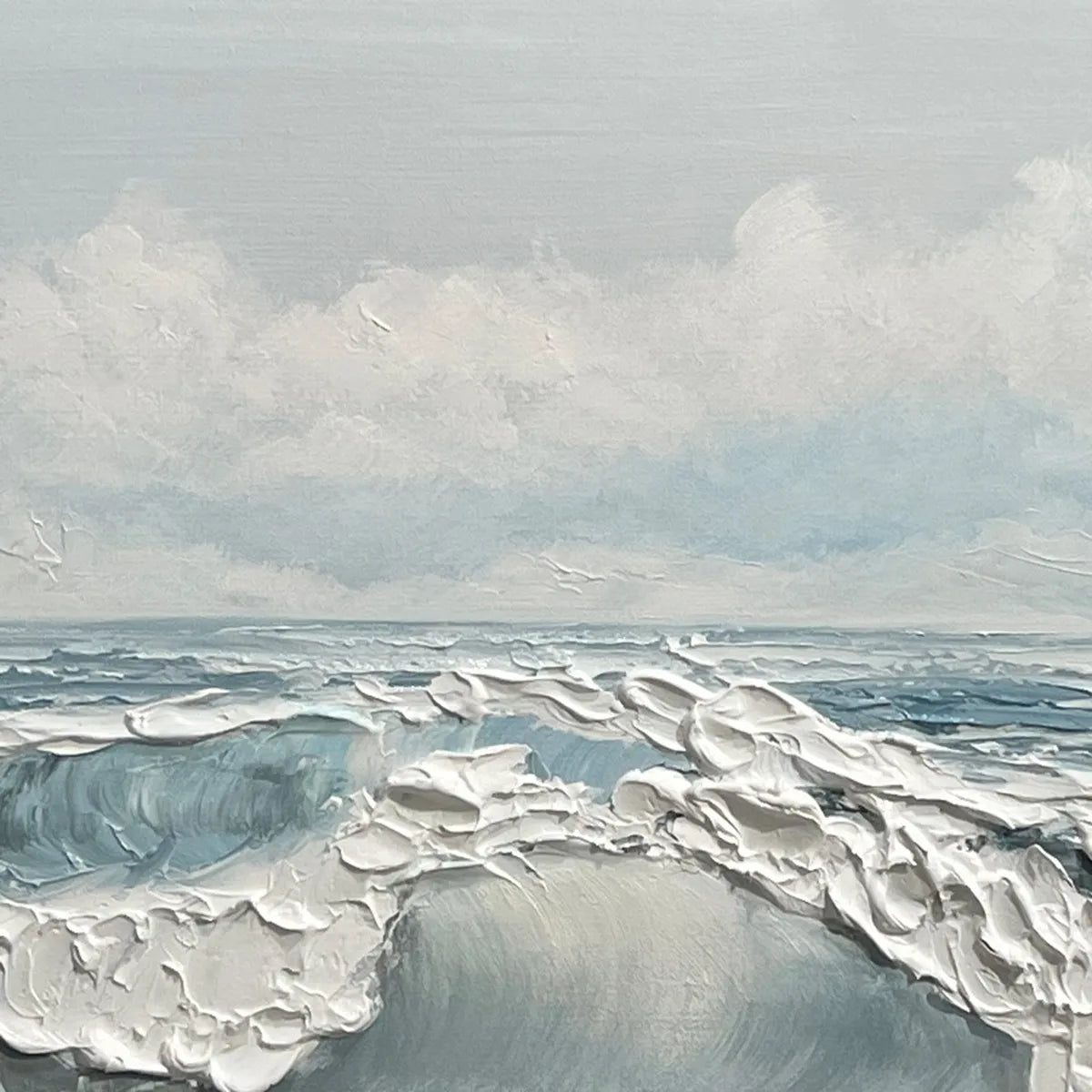 Coastal Serenity hand-painted white and ocean blue textured seascape painting shown with black frame
