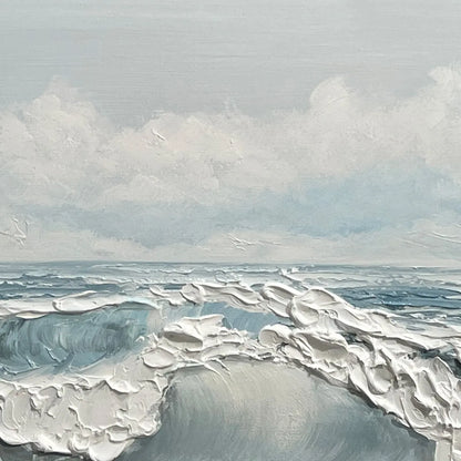 Coastal Serenity hand-painted white and ocean blue textured seascape painting shown with black frame