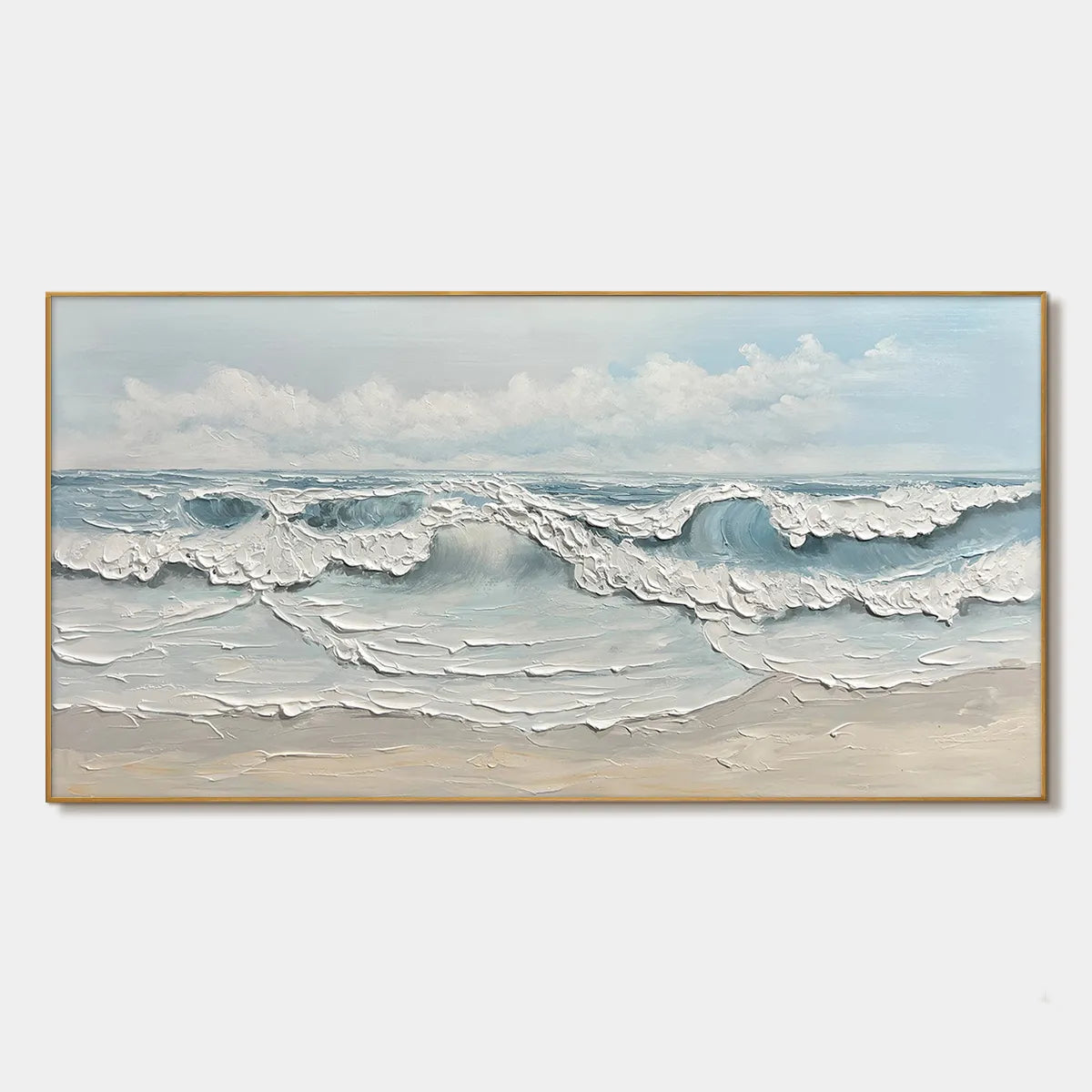 Coastal Serenity hand-painted white and ocean blue textured seascape painting rolled canvas option