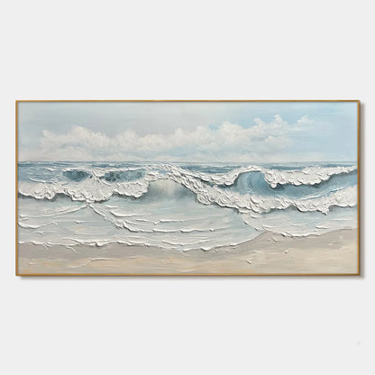 Coastal Serenity hand-painted white and ocean blue textured seascape painting rolled canvas option