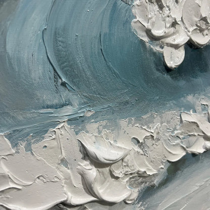Coastal Serenity hand-painted white and ocean blue textured seascape painting shown with gold frame