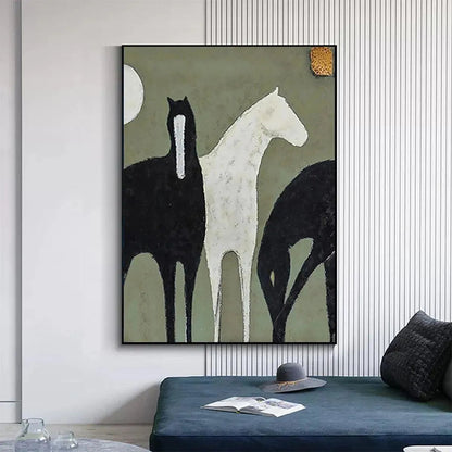 Green Minimalist Horse Oil Painting – Three Horses