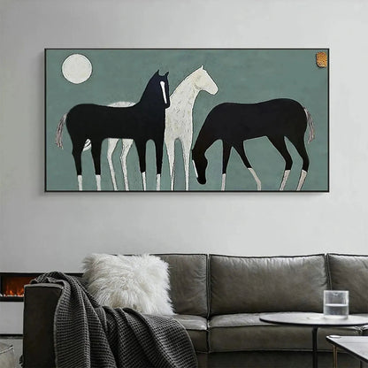 Green Minimalist Moon Oil Painting – Three Horses Under The Moon