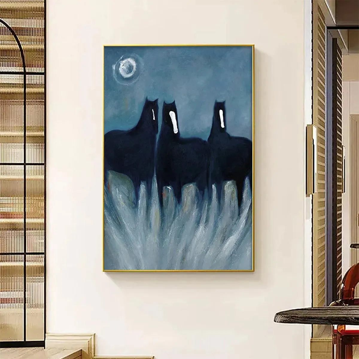 Blue Minimalist Horse Oil Painting – Three Horses At Night