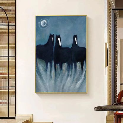 Blue Minimalist Horse Oil Painting – Three Horses At Night