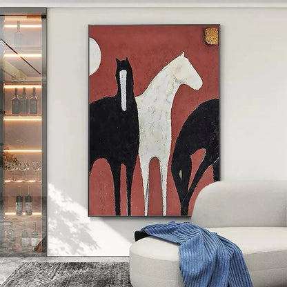 Three Horses On Red – Minimalist Horse Oil Painting, view 2
