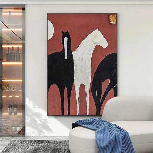 Three Horses On Red – Minimalist Horse Oil Painting, view 2