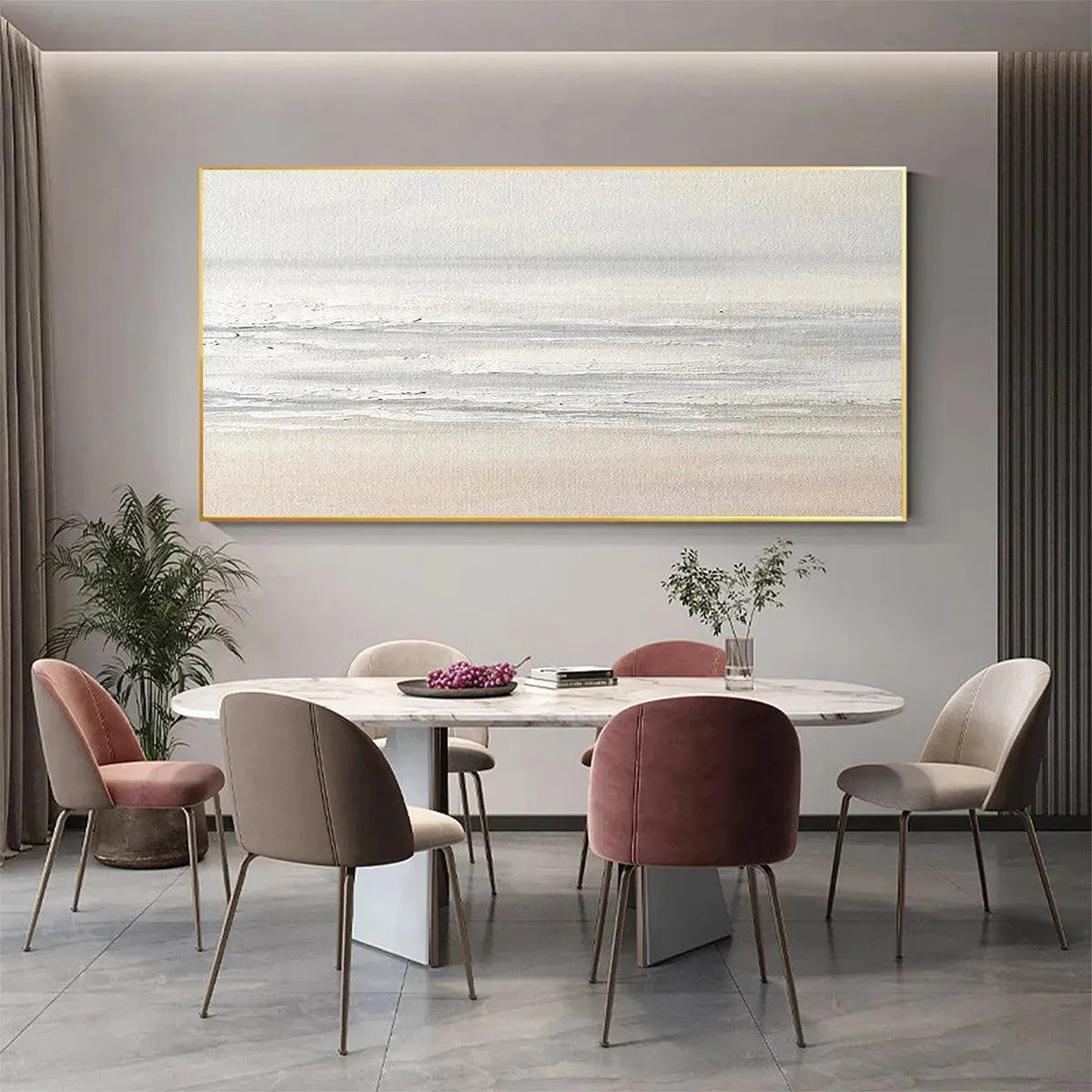 Tranquil Coast hand-painted ocean blue, ivory and soft neutral tones textured coastal landscape painting shown as stretched canvas