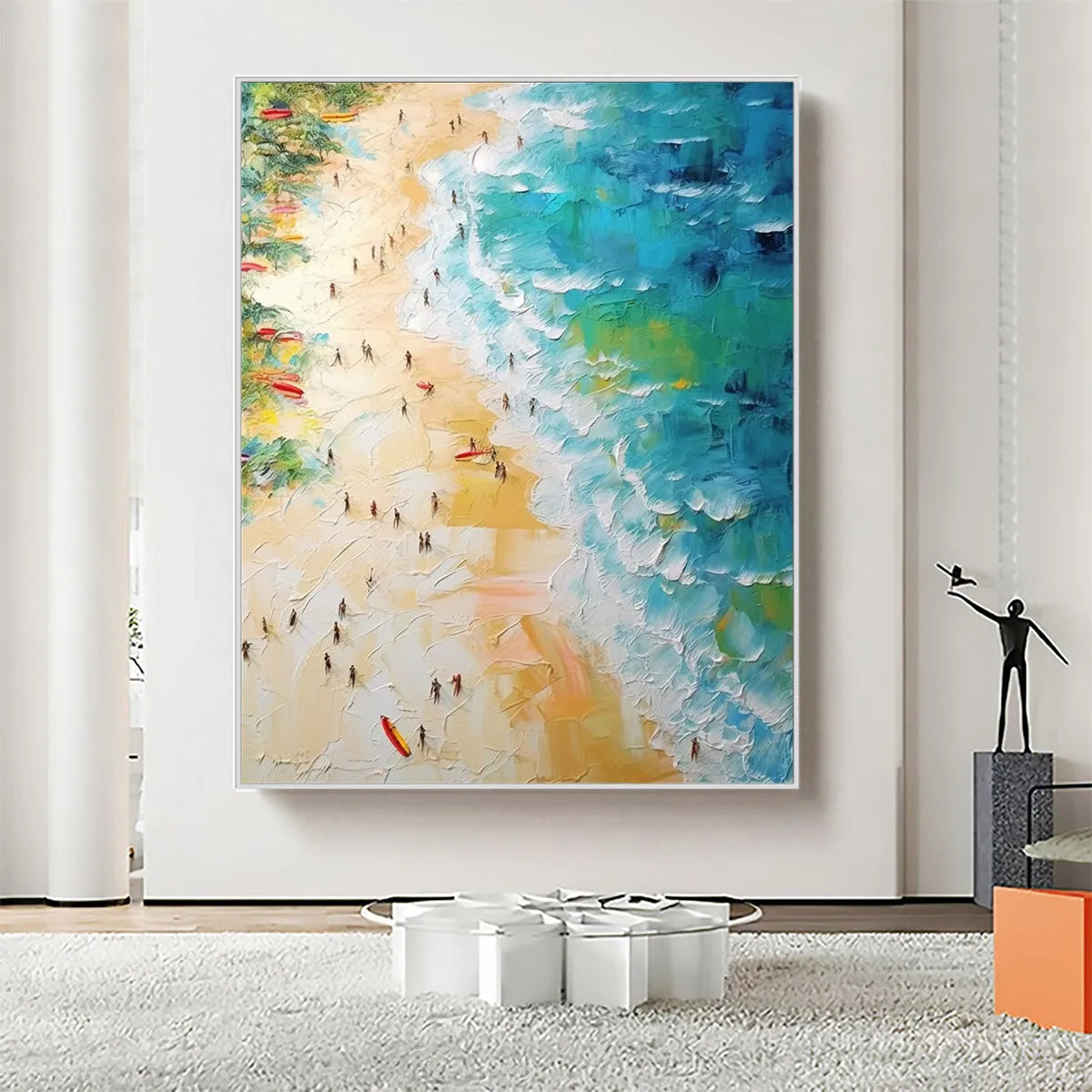 Tropical Paradise hand-painted ocean blue, ivory and soft neutral tones textured beach scene painting shown with black frame