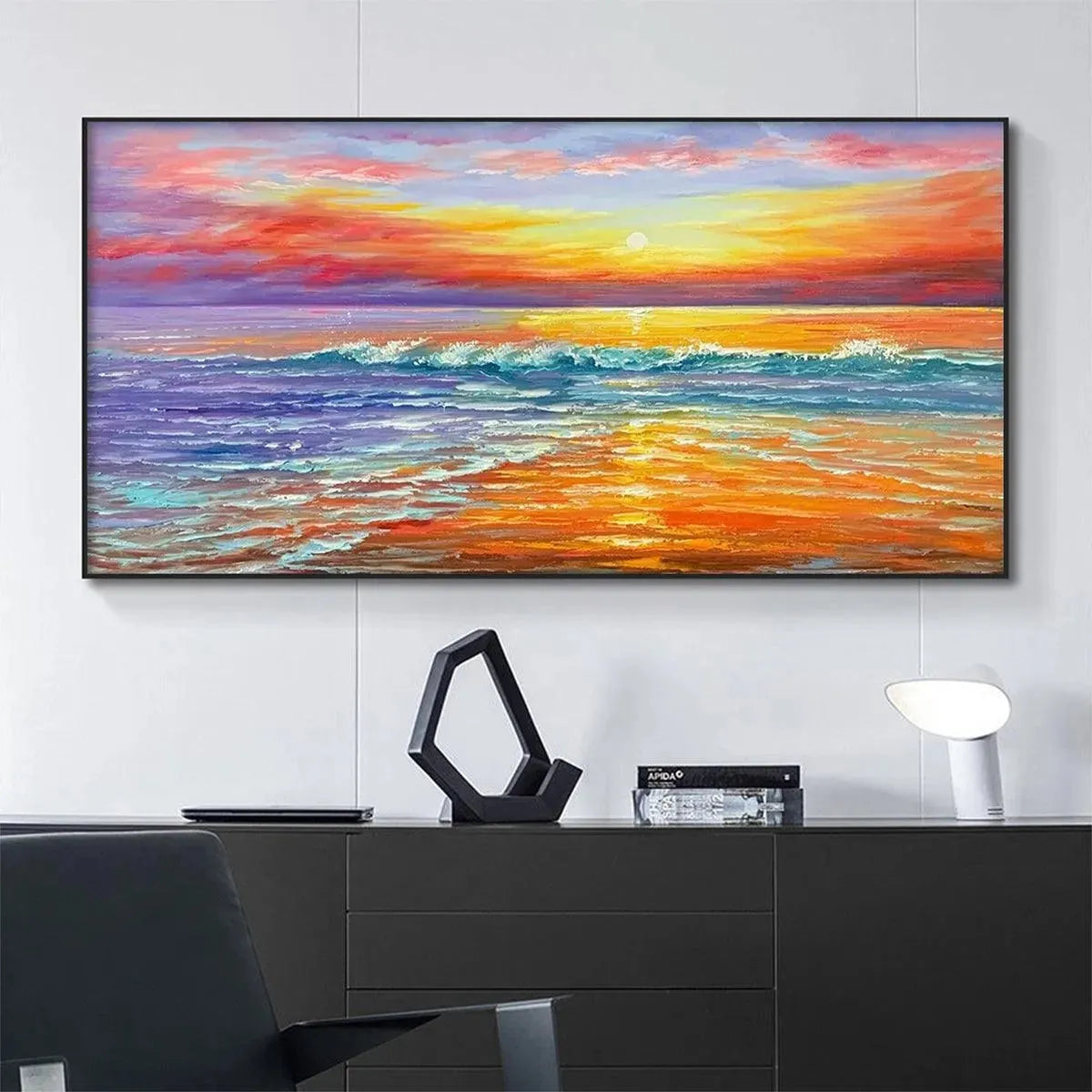 Tropical Sunset Beach hand-painted ocean blue, ivory and soft neutral tones textured sunset seascape painting shown as stretched canvas