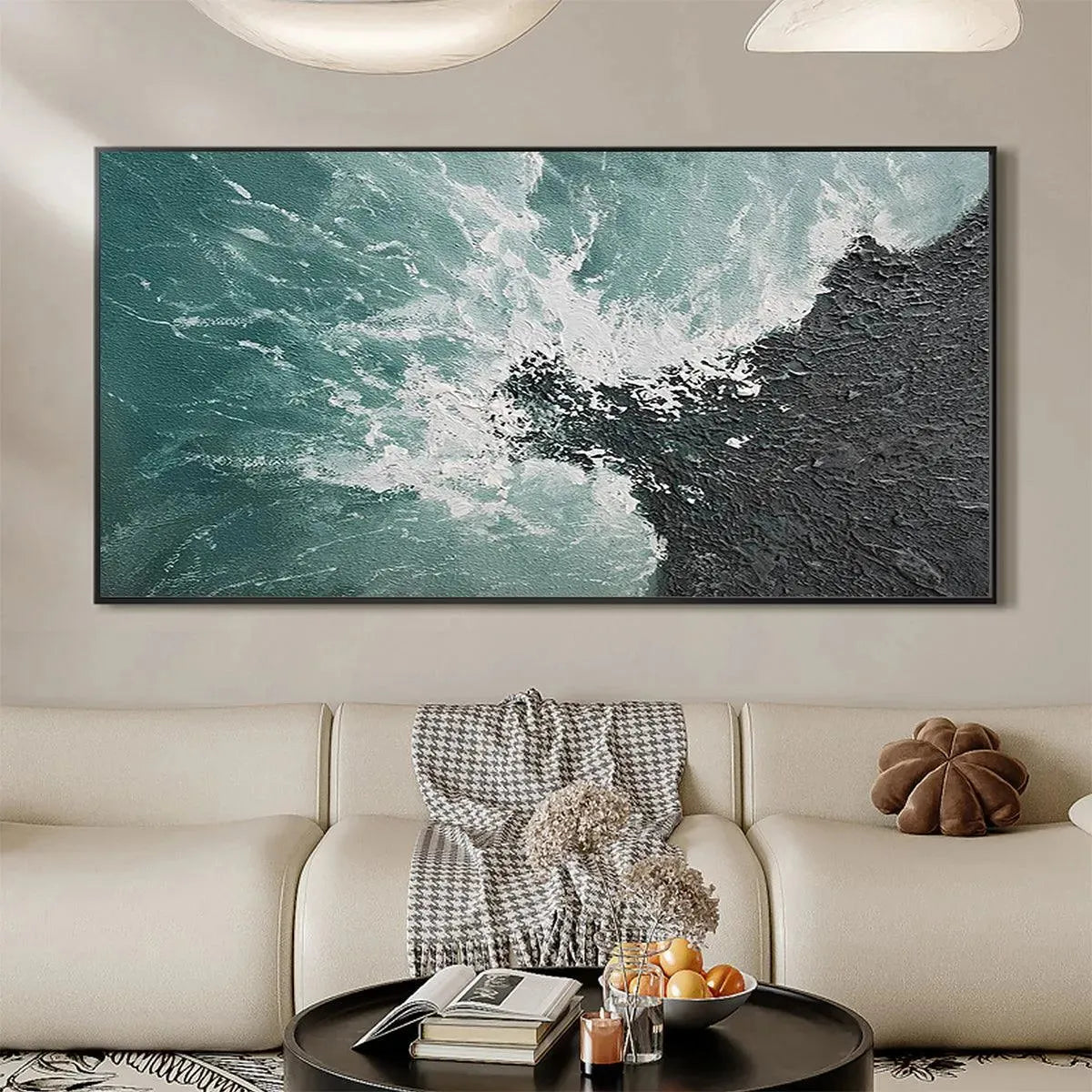 Turquoise Crash hand-painted black, turquoise and teal textured coastal abstract painting shown as stretched canvas