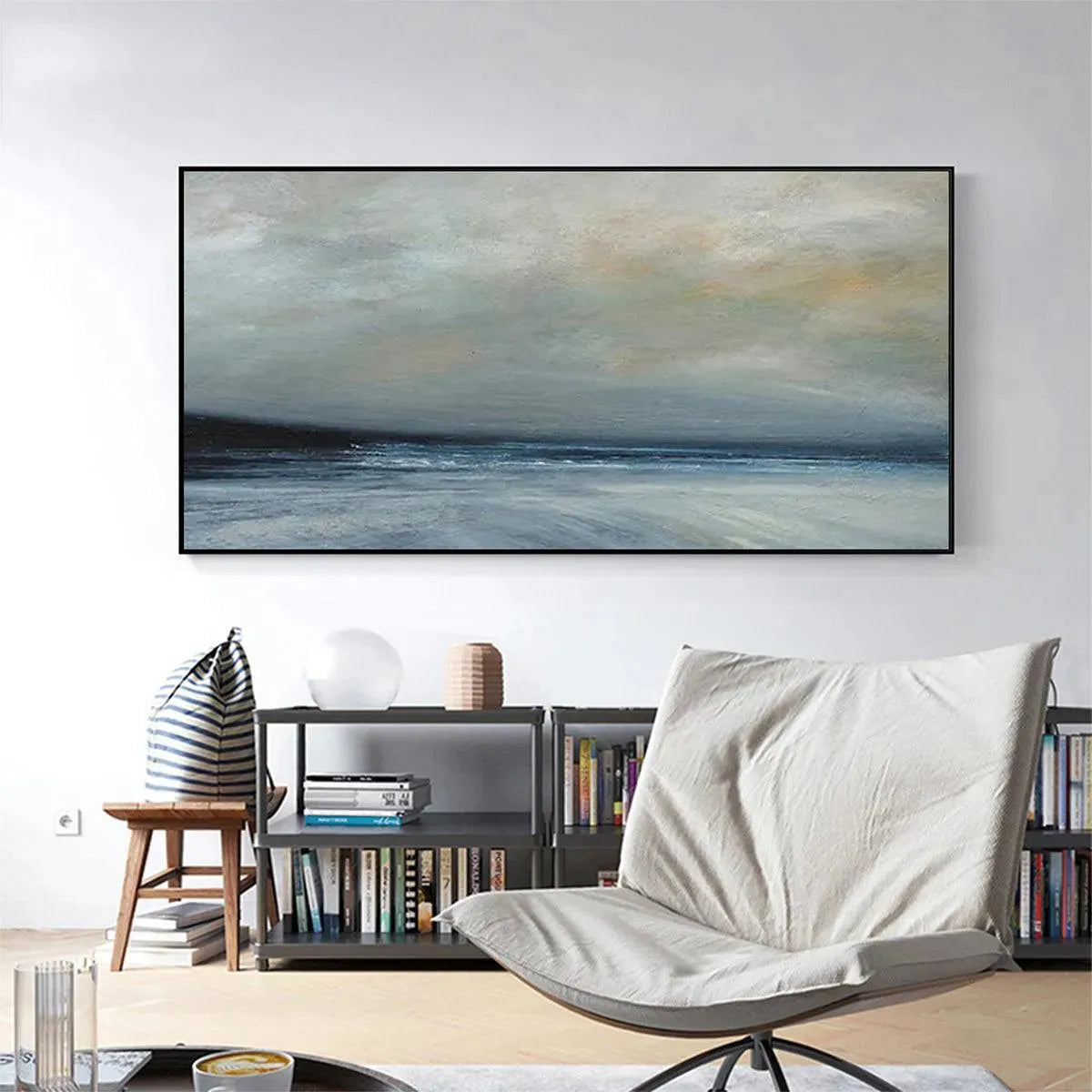 Twilight Coast hand-painted ocean blue, ivory and soft neutral tones textured sunset seascape painting shown with gold frame