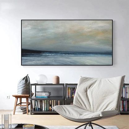 Twilight Coast hand-painted ocean blue, ivory and soft neutral tones textured sunset seascape painting shown with gold frame