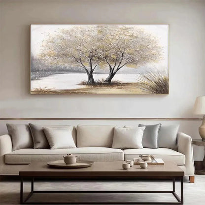 Twilight Trees hand-painted forest green, soft grey and warm earth tones textured forest landscape painting shown with silver frame
