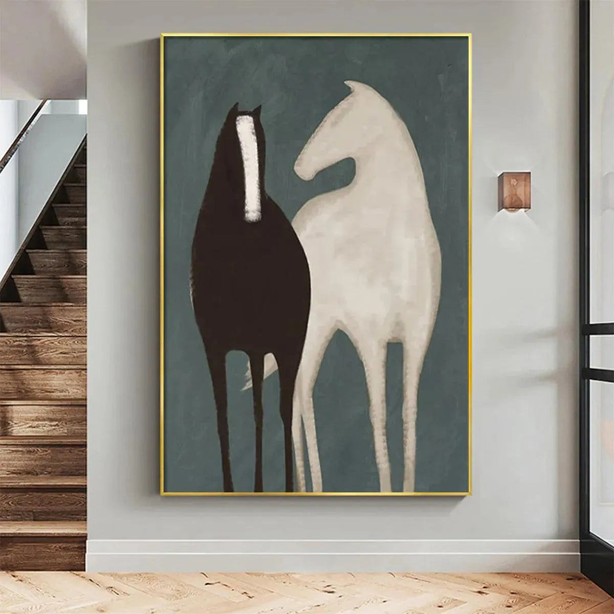 Teal and Black Minimalist Horse Oil Painting – Two Horses