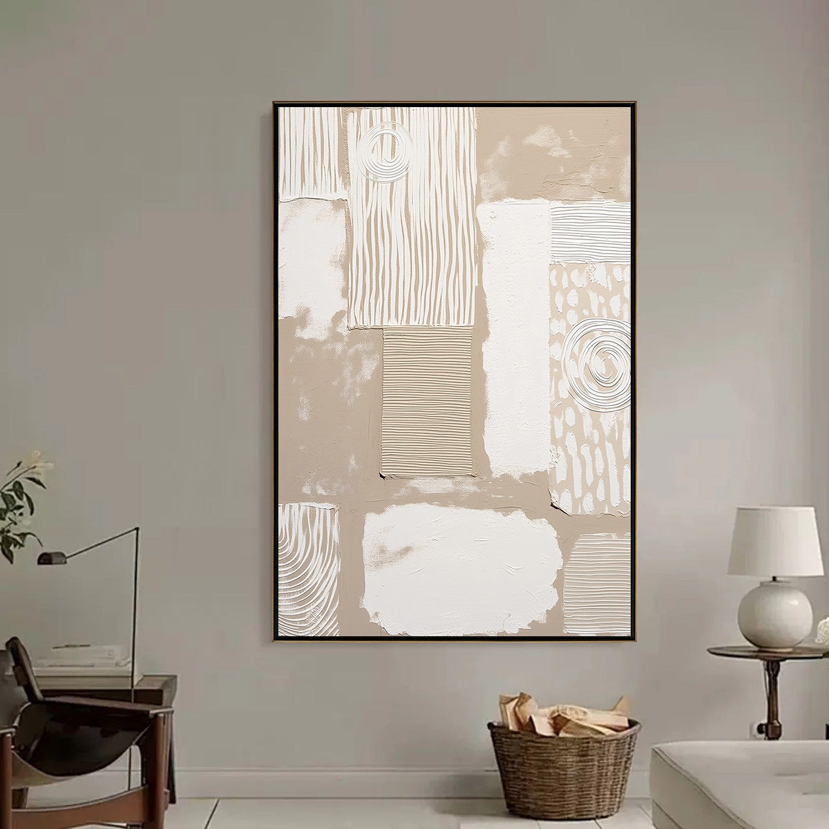 White and Beige Wabi-Sabi Cityscape Textured Acrylic Painting – Urban Artifacts