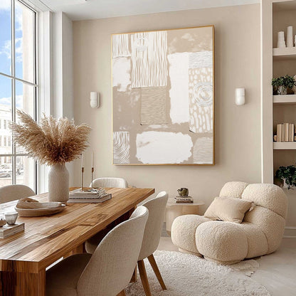 White and Beige Wabi-Sabi Cityscape Textured Acrylic Painting – Urban Artifacts