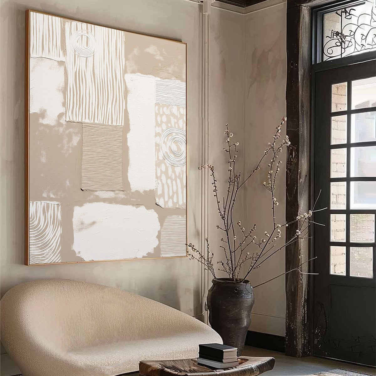 White and Beige Wabi-Sabi Cityscape Textured Acrylic Painting – Urban Artifacts