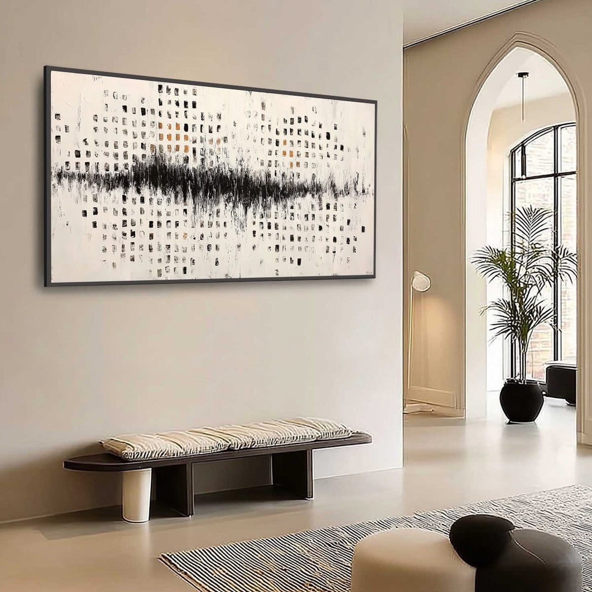 Black and White Wabi-Sabi Cityscape Impasto Oil Painting – Urban Echo