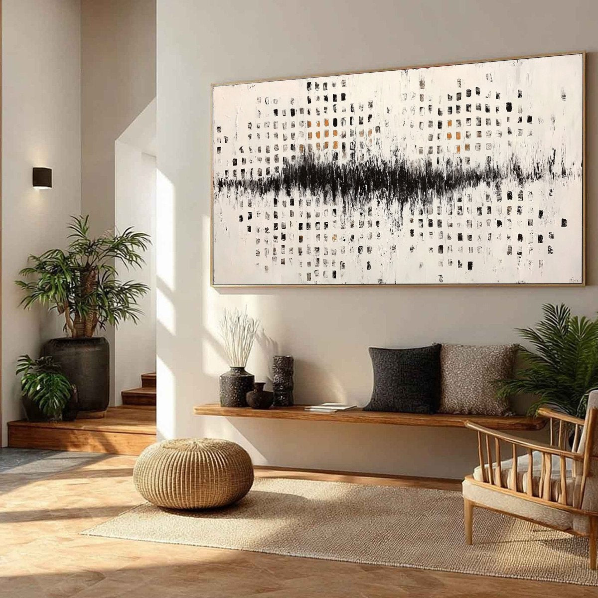 Black and White Wabi-Sabi Cityscape Impasto Oil Painting – Urban Echo