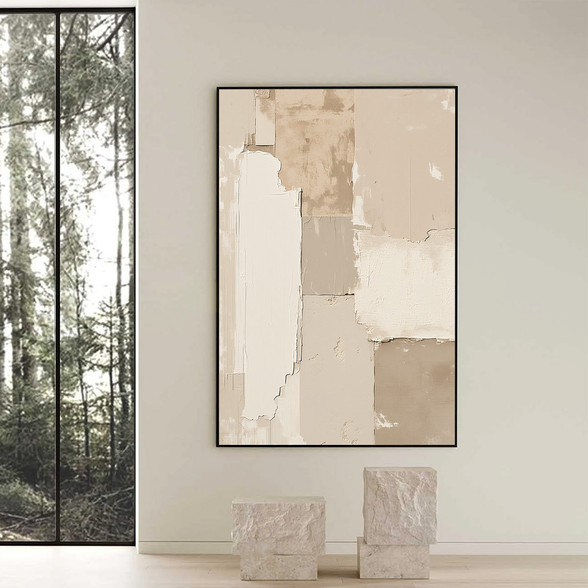 White and Cream Wabi-Sabi Cityscape Textured Acrylic Painting – Urban Fossil