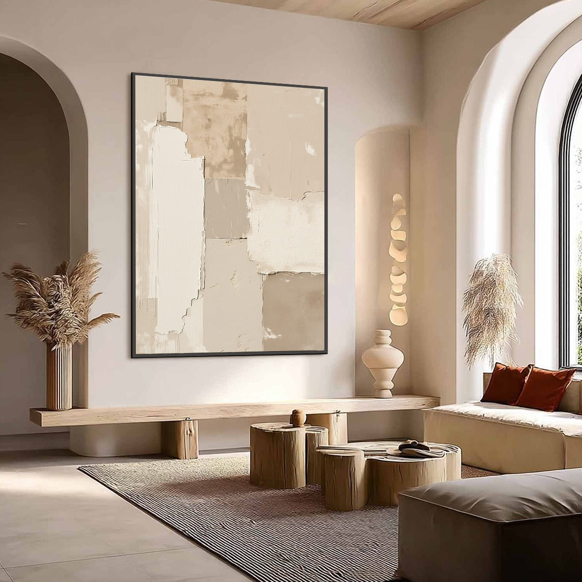 White and Cream Wabi-Sabi Cityscape Textured Acrylic Painting – Urban Fossil
